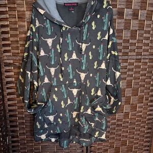 Rock& Roll Cowgirl Cow Skull & Cactus Hoodie - Charcoal Base with Green Accents